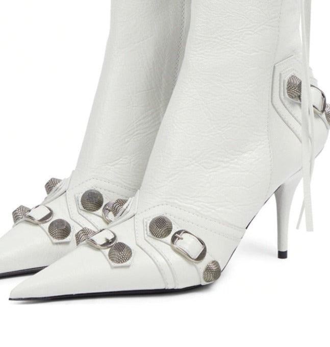 Fashion City Retro Metal Buckle Rivet Side Zipper High Heel Ankle Boots