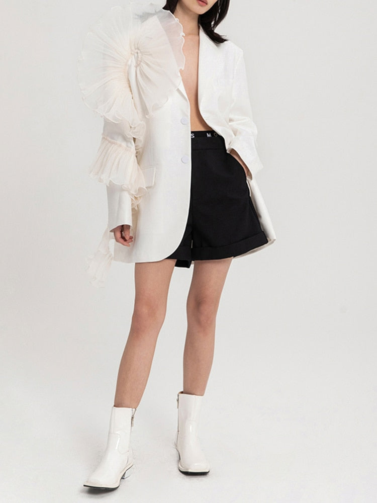 Asymmetrical Patchwork Ruffle Trim Solid Blazers