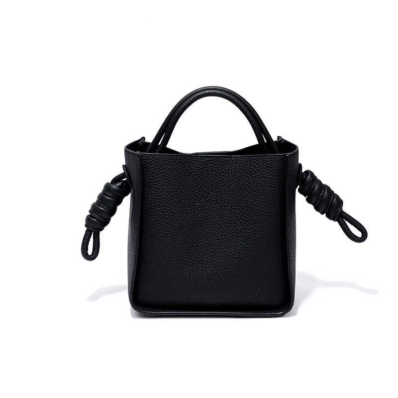 Genuine Leather Bucket Braided Rope Crossbody Bag