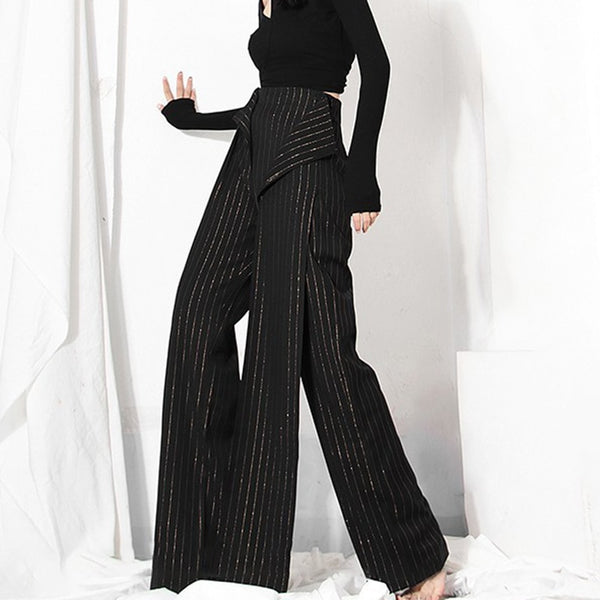 High Waist Side Split Patchwork Zipper Vintage Striped Wide Leg Pants