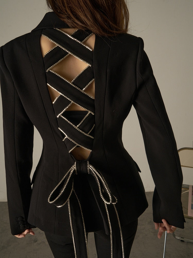 VIVIANNA Back Bow Tie Lace Cut Out Blazer