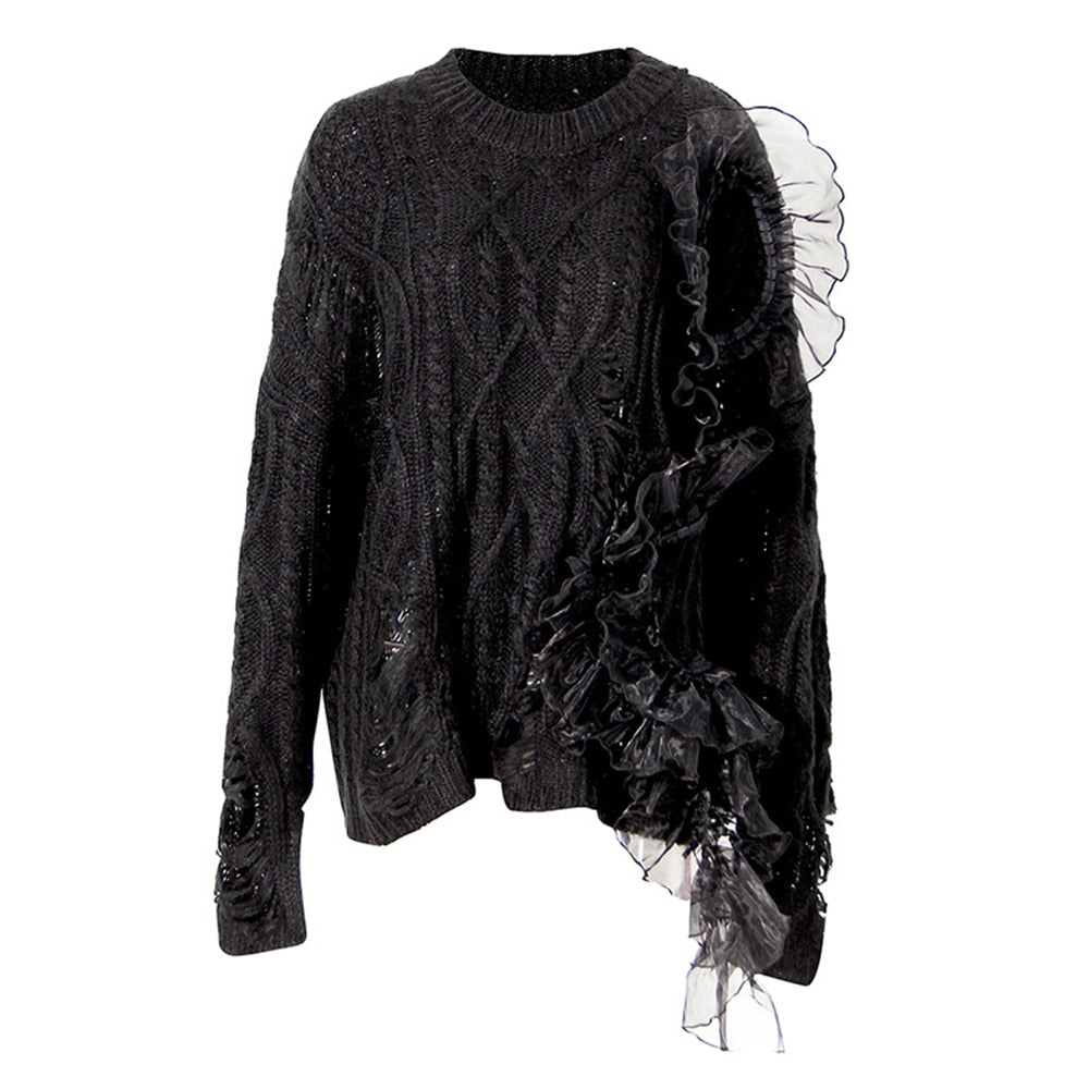 Hole Hollow Out Patchwork Mesh Knitting Sweater