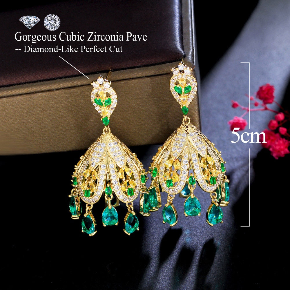 Fringed Green Dangle Drop Cubic Zircon Gold Plated Earrings