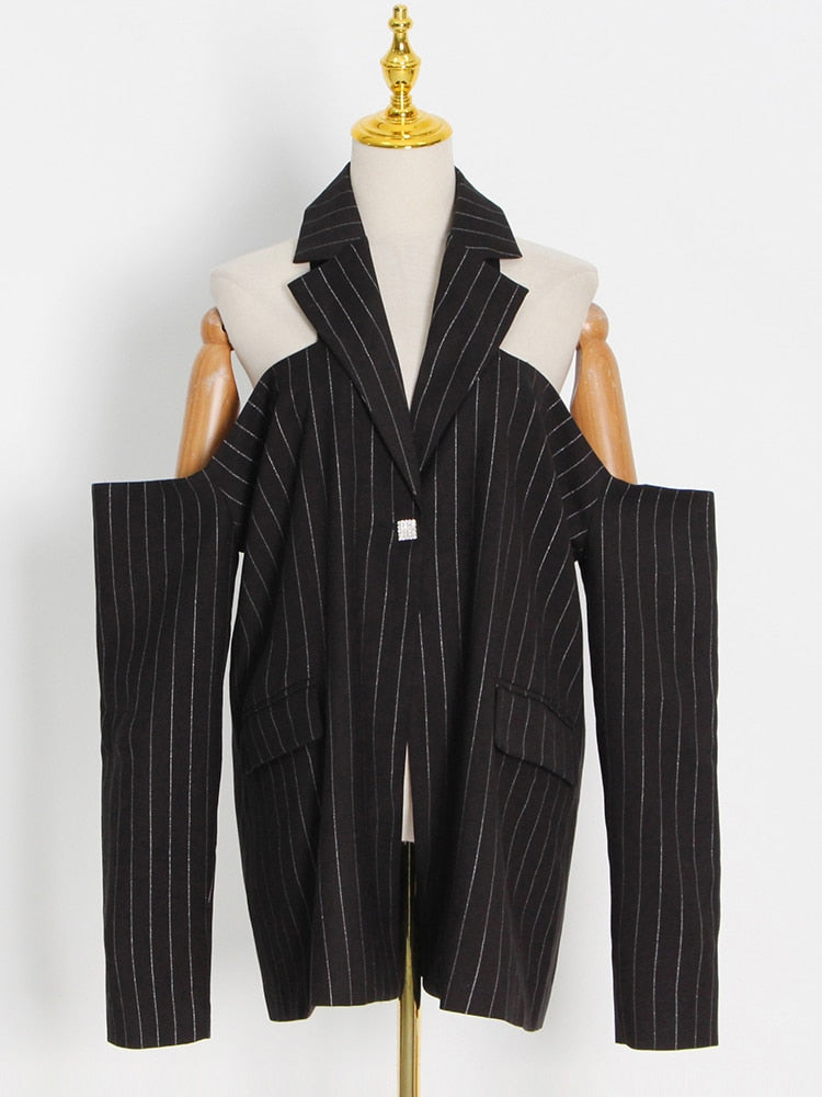 Off Shoulder Streetwear Lapel Striped Single Breasted Blazers