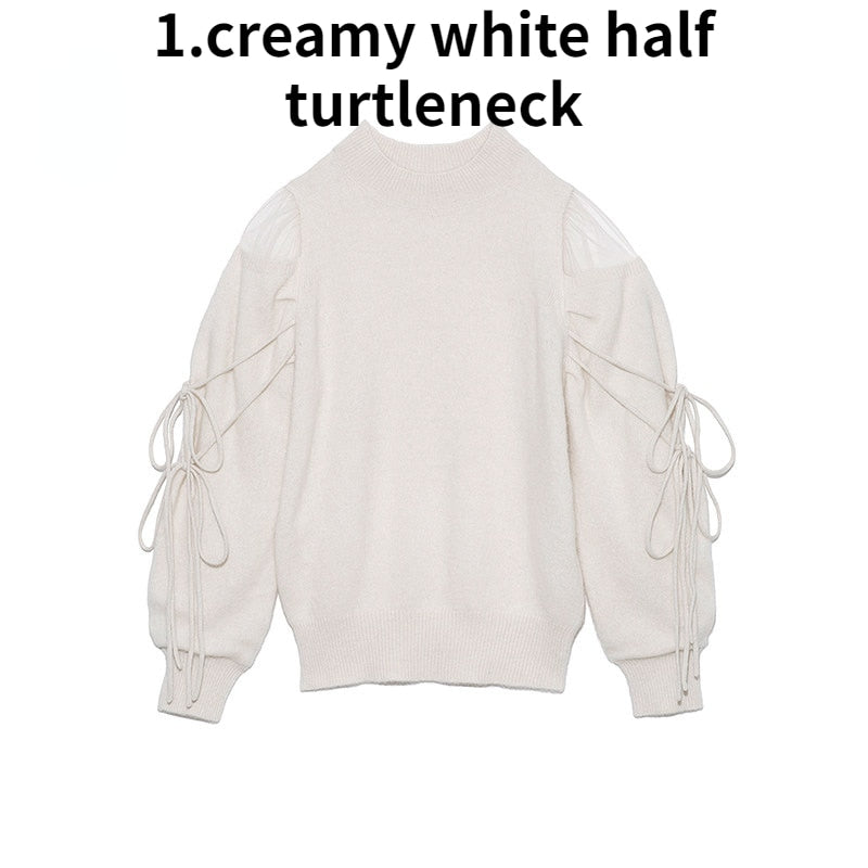 V-Sweet Gauze Patchwork Off Shoulder Bandage Knitted Sweater