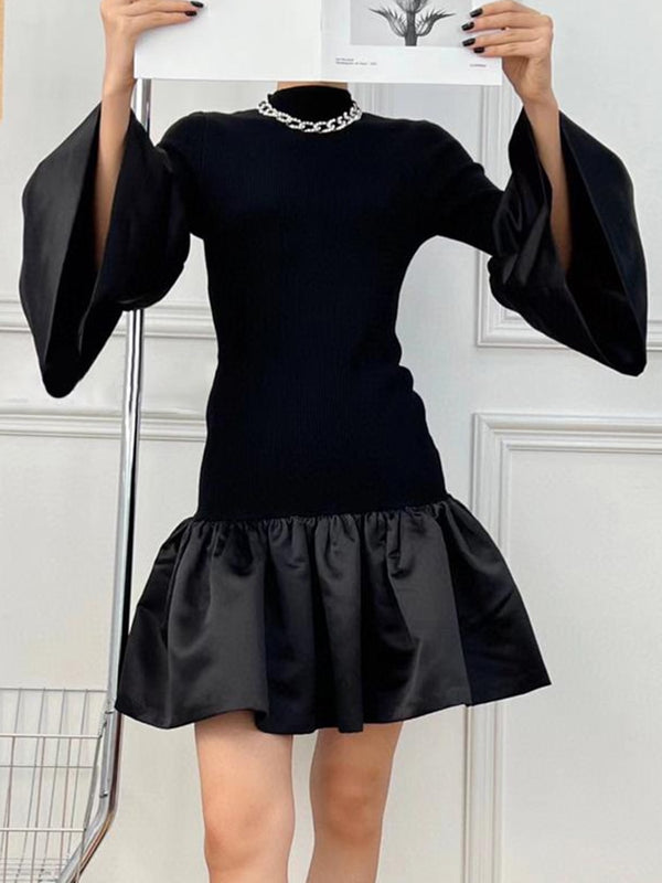 Half High Collar Puff Sleeve Patchwork Solid Mini Dresses