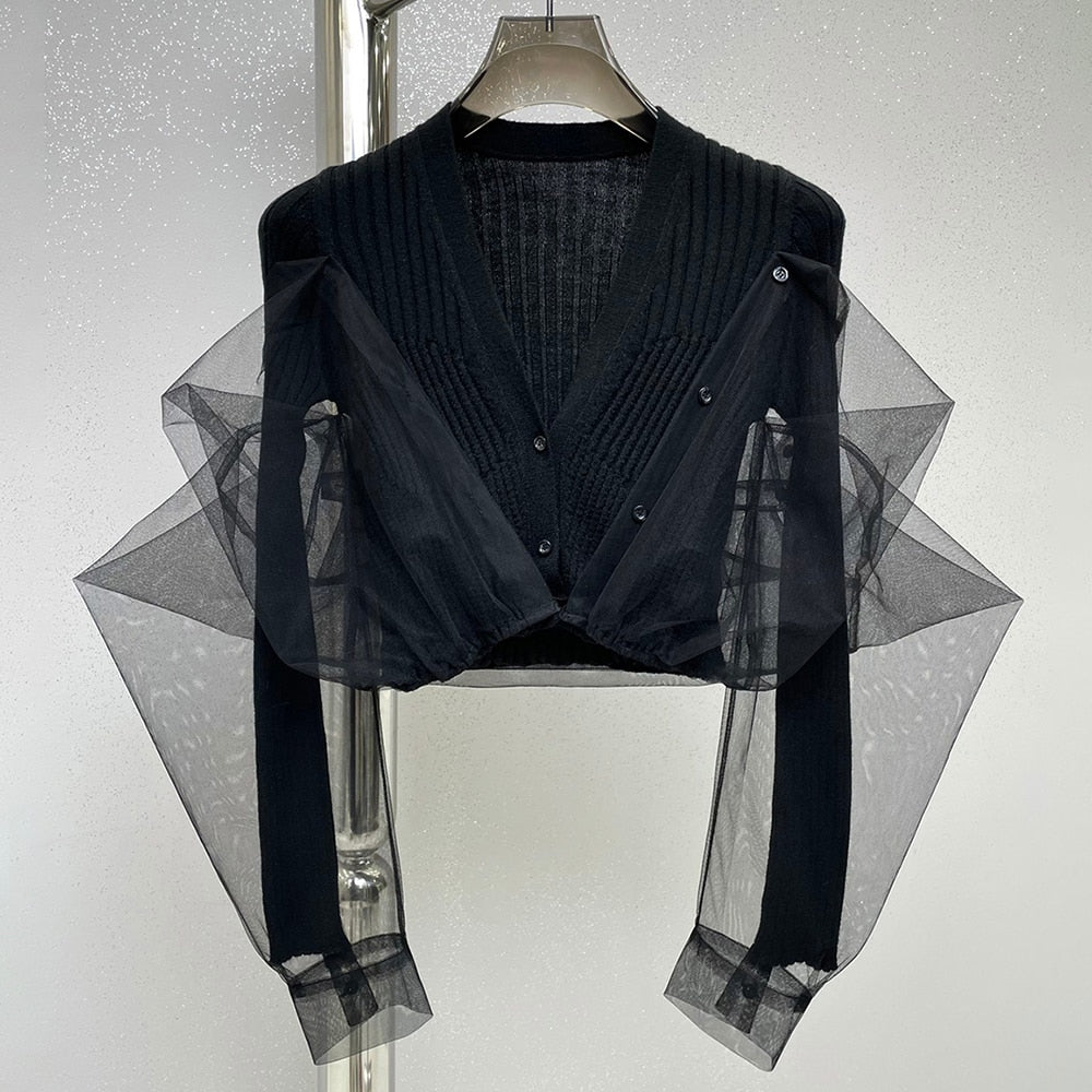 Patchwork Sheer Mesh Solid Knitting Single Breasted Cardigan Sweater