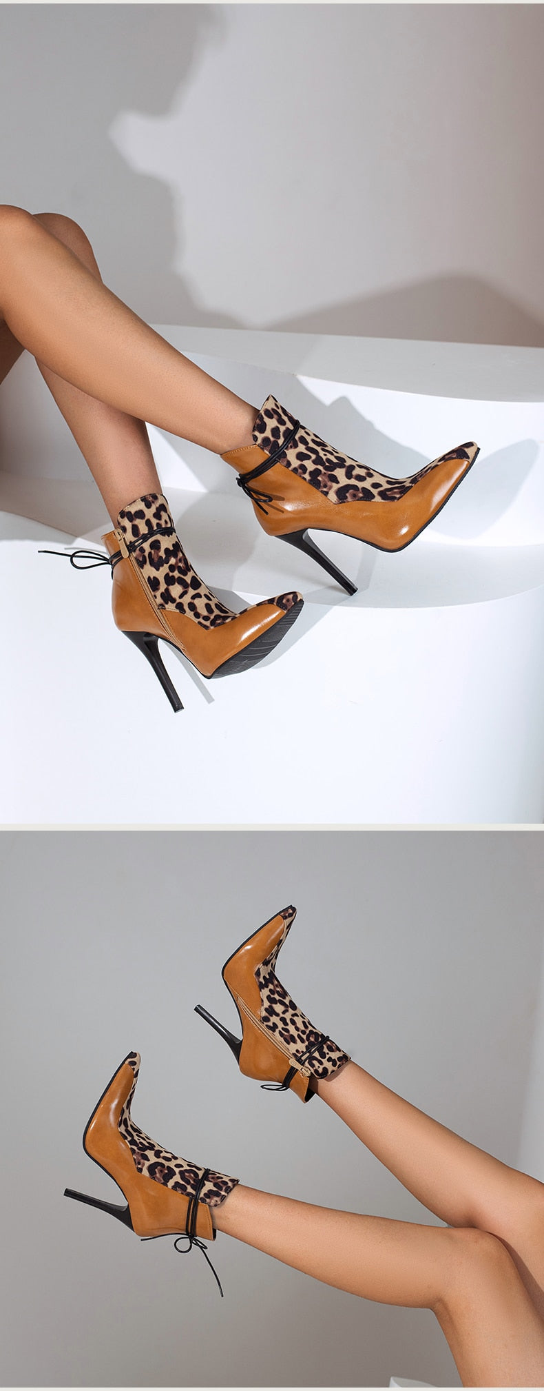 Leopard Splicing Lace Up High Heel Ankle Boots