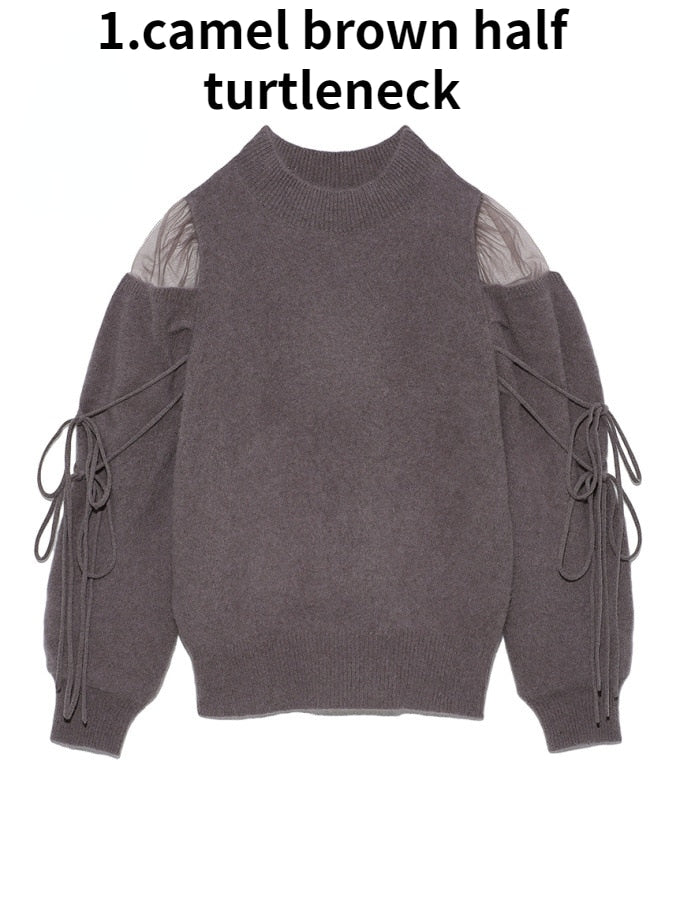 V-Sweet Gauze Patchwork Off Shoulder Bandage Knitted Sweater