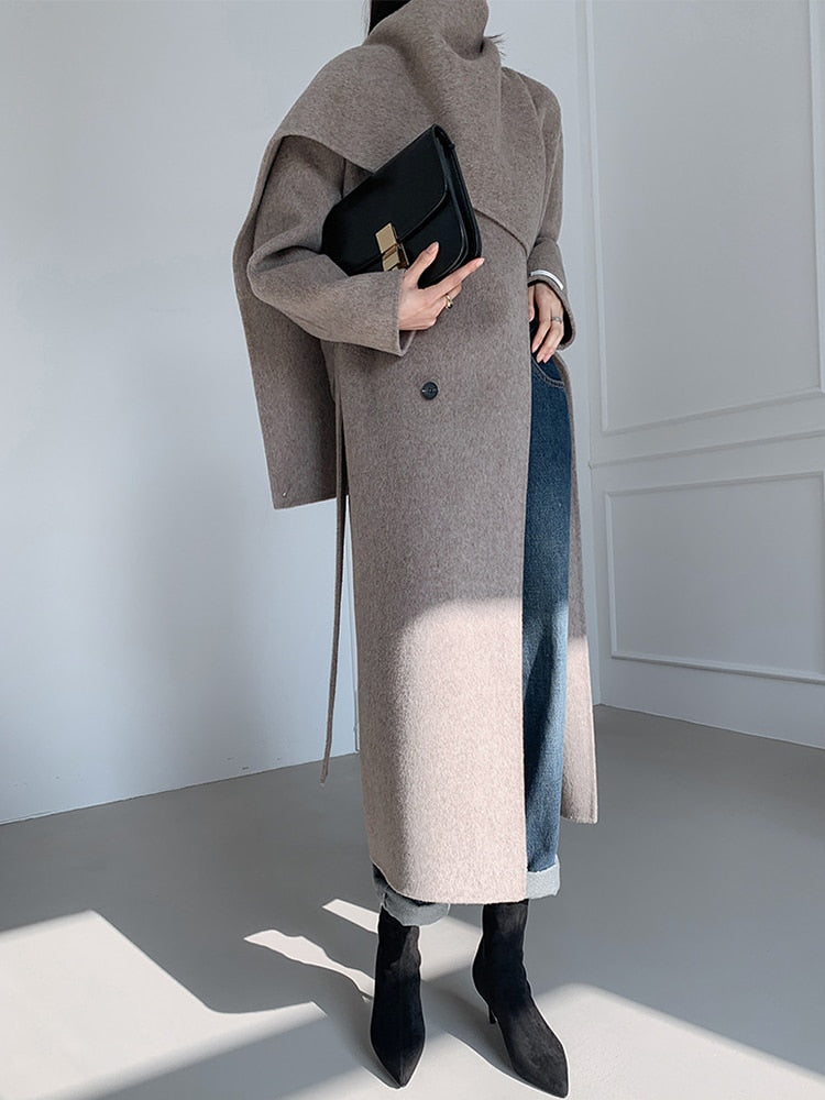 Double-sided Woolen Belt Shawl Scarf Collar Solid Color Coat