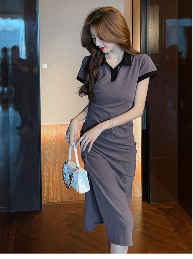 Polo Collar Slim Drawstring Ruffled Slit Dress Skirt