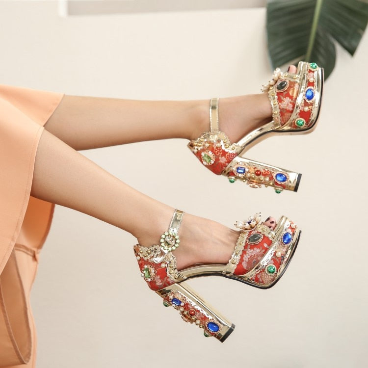 Baroque Style Jacquard Cloth Blue Platform Crystal High Heels