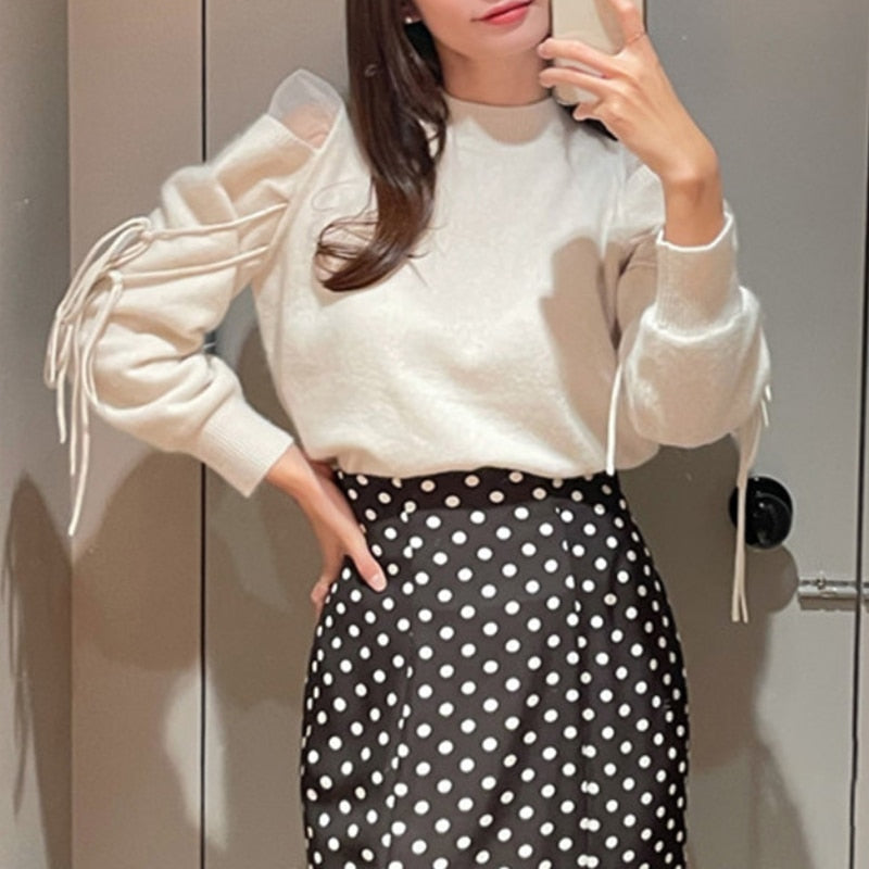 V-Sweet Gauze Patchwork Off Shoulder Bandage Knitted Sweater