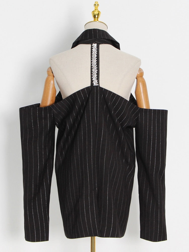 Off Shoulder Streetwear Lapel Striped Single Breasted Blazers