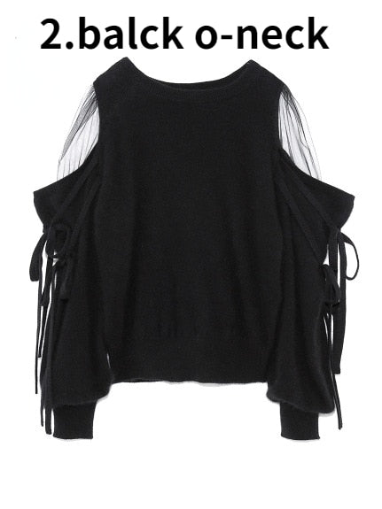 V-Sweet Gauze Patchwork Off Shoulder Bandage Knitted Sweater