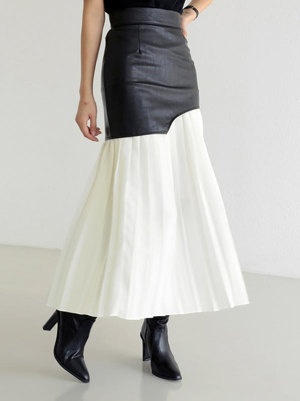High Waist Patchwork Pu Midi Folds Pleated Skirts
