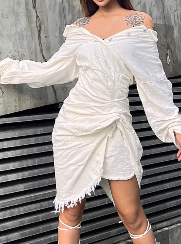 VIVID Elegant Slash Neck Solid Shirt Tassel Dress
