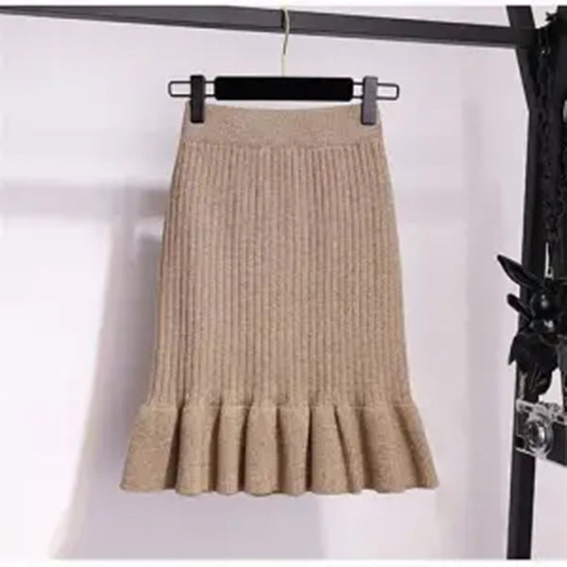 Solid Elastic Mermaid Knitting Ribbed Skirt