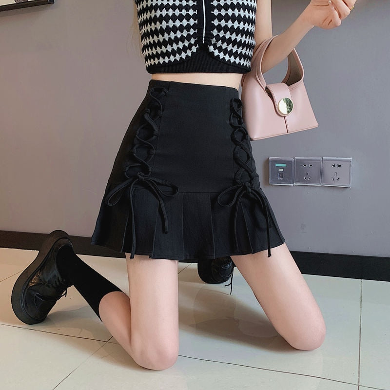 High Waist Pleated Bow Strap Mini Skirts