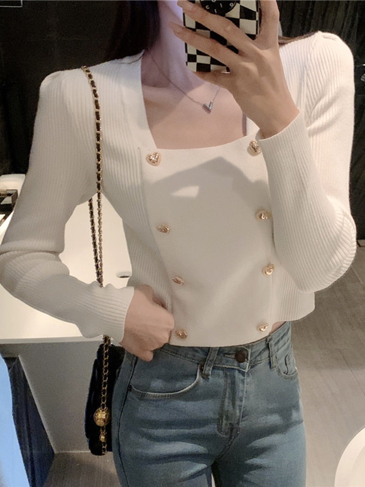 Square Collar Crop Love Button Top Knitted Sweater