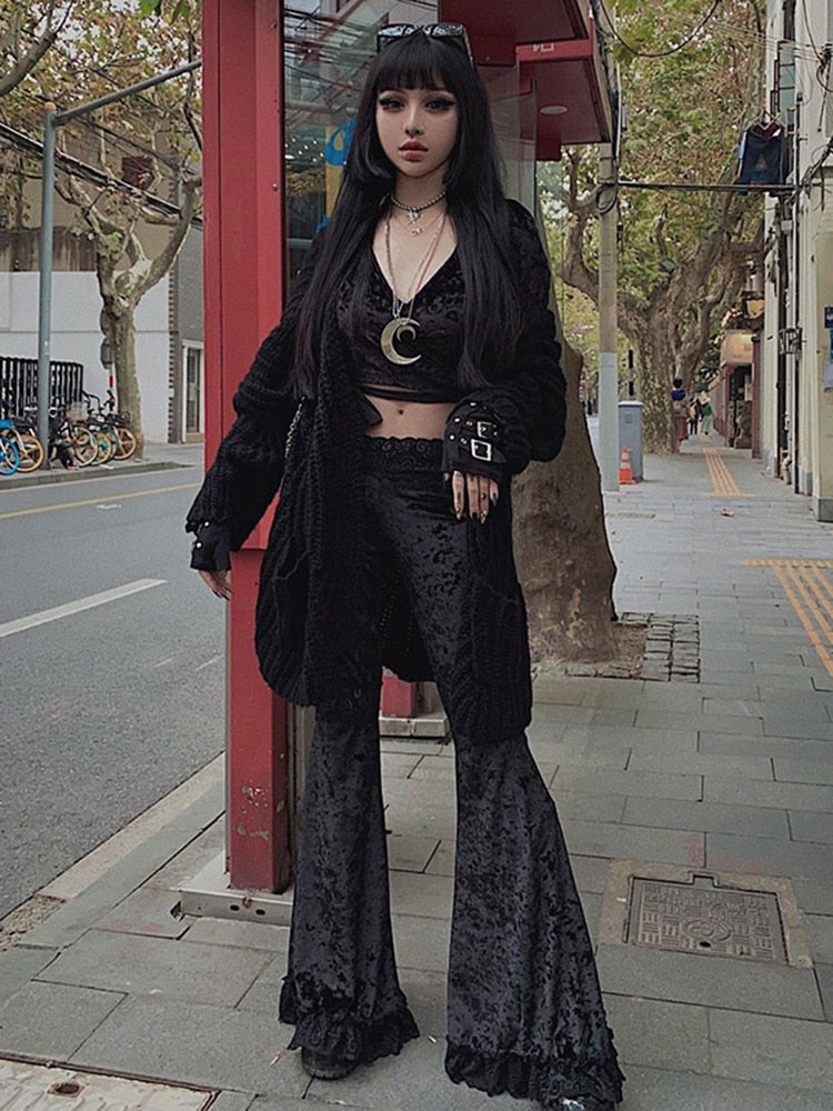 High Waist Flared Pants Aesthetic Sexy Lace Patchwork Trousers