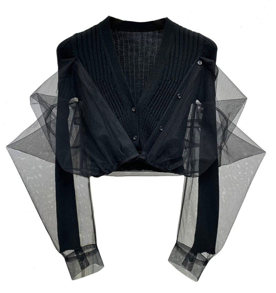 Patchwork Sheer Mesh Solid Knitting Single Breasted Cardigan Sweater