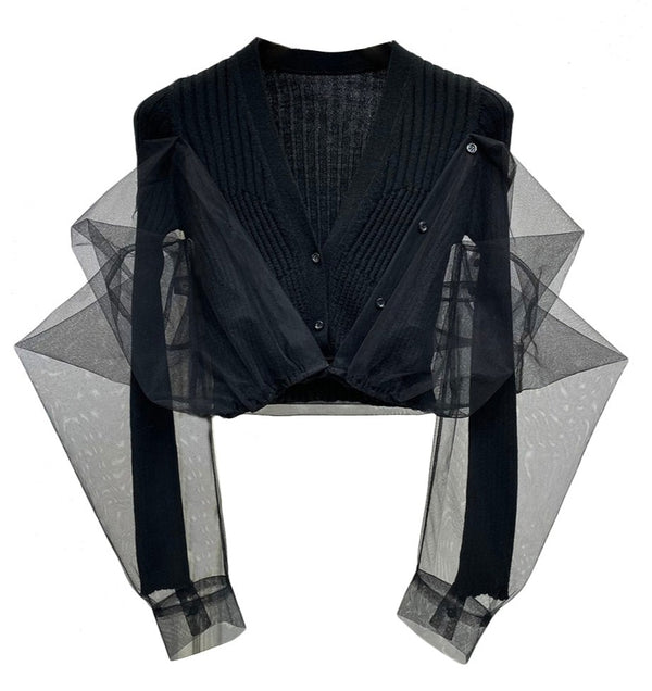 Patchwork Sheer Mesh Solid Knitting Single Breasted Cardigan Sweater