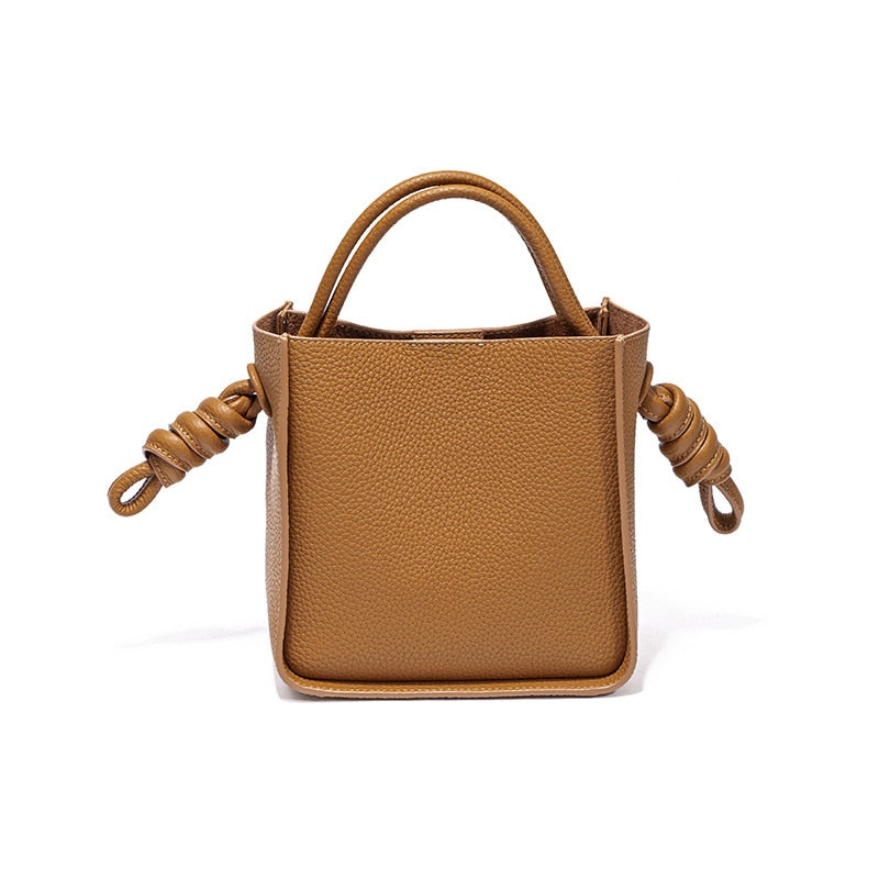 Genuine Leather Bucket Braided Rope Crossbody Bag