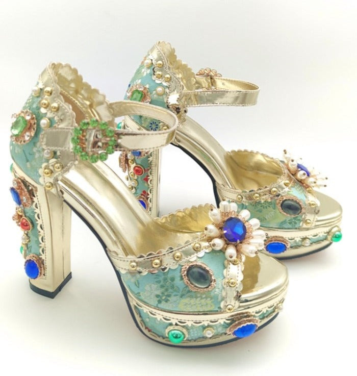 Baroque Style Jacquard Cloth Blue Platform Crystal High Heels