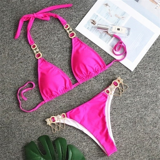 VIVIANNA Crystal Bandage Red Split Swimsuit