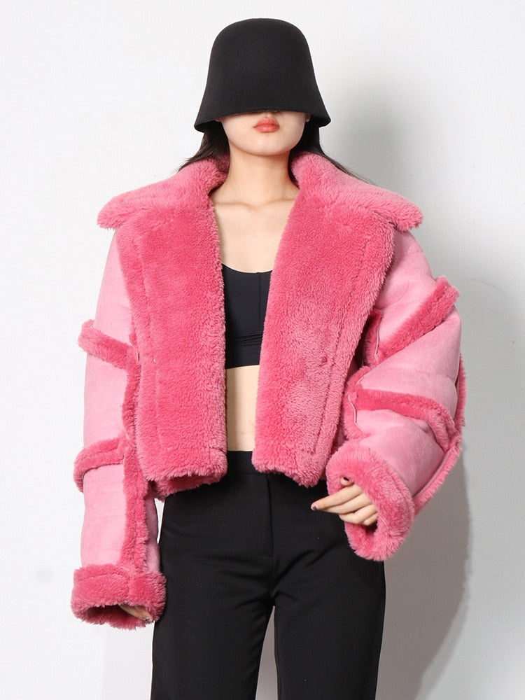 Colorblock Lapel Lambswool Jacket  Casual Short Coat