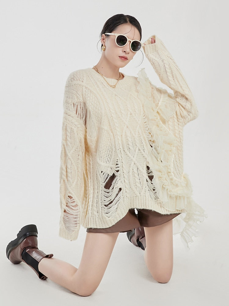 Hole Hollow Out Patchwork Mesh Knitting Sweater