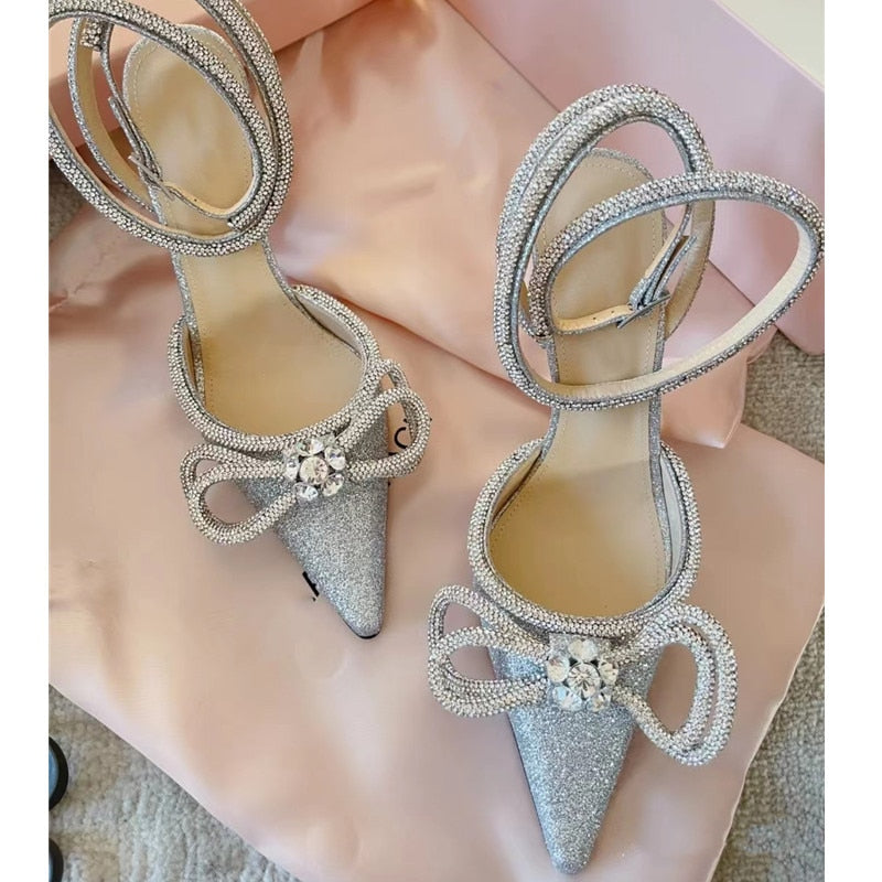 Glitter Crystal Ankle strap Rhinestones Bowknot heels