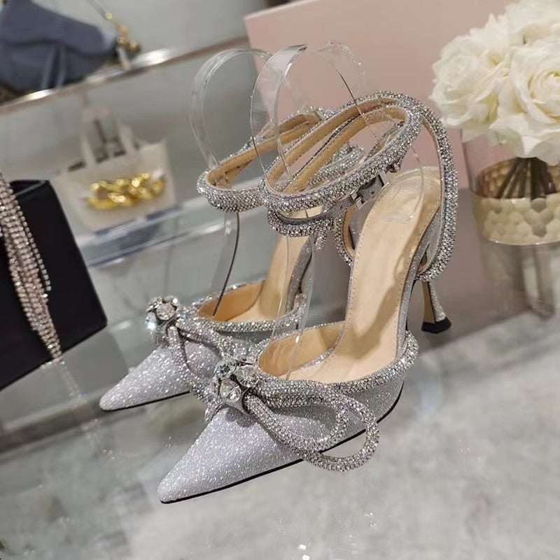 Glitter Crystal Ankle strap Rhinestones Bowknot heels