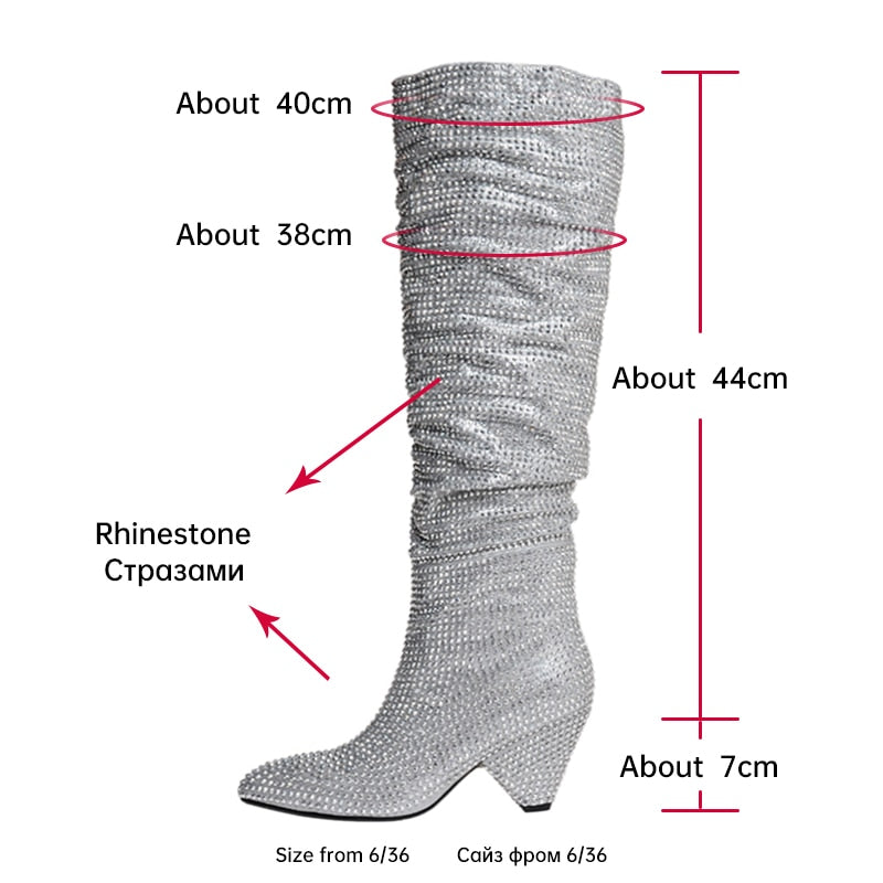 V-Bling Silver Crystal Knee High Glitter Rhinestone Boots