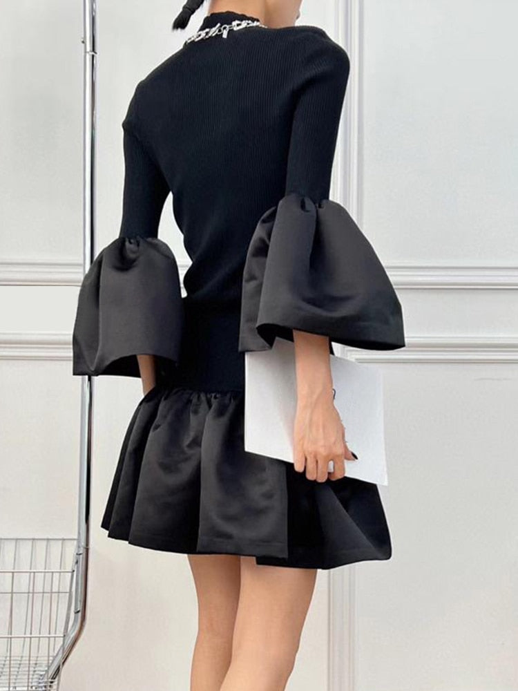 Half High Collar Puff Sleeve Patchwork Solid Mini Dresses