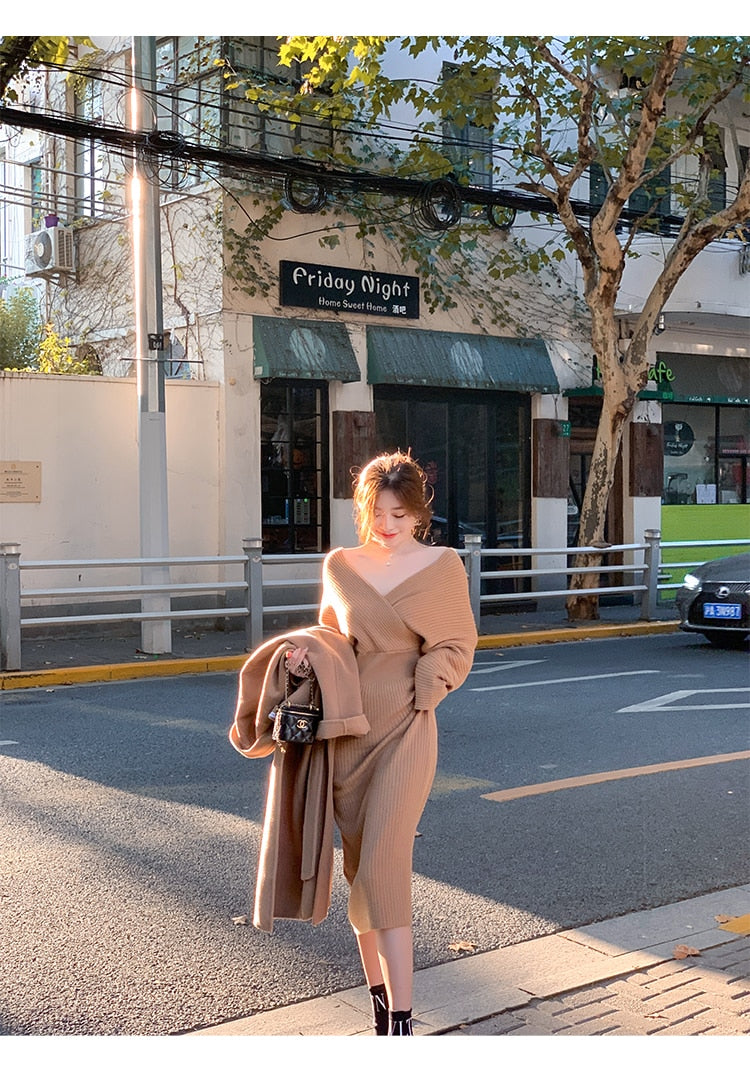 Off Shoulder Long Knitting Sweater Dress