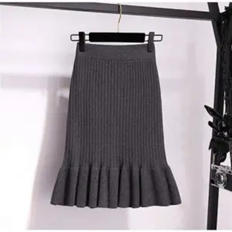 Solid Elastic Mermaid Knitting Ribbed Skirt