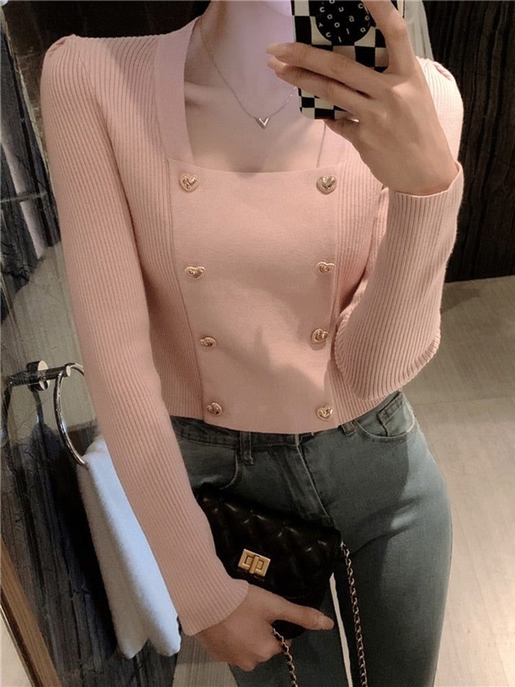 Square Collar Crop Love Button Top Knitted Sweater