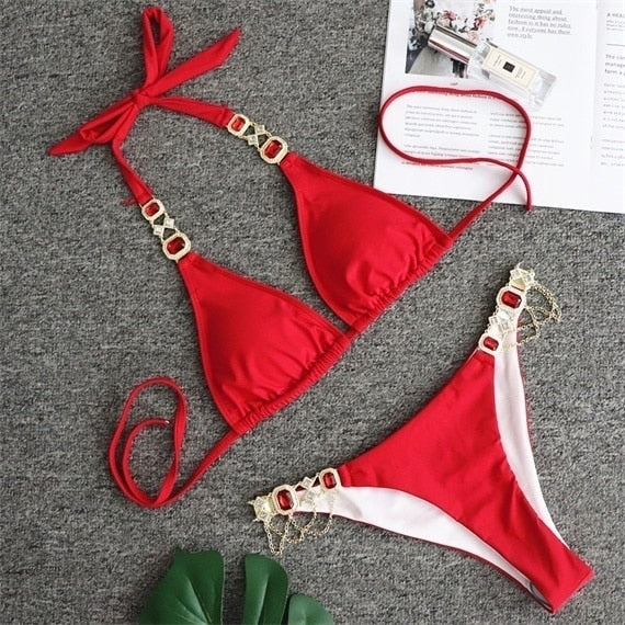 VIVIANNA Crystal Bandage Red Split Swimsuit