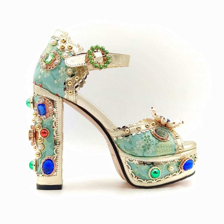 Baroque Style Jacquard Cloth Blue Platform Crystal High Heels