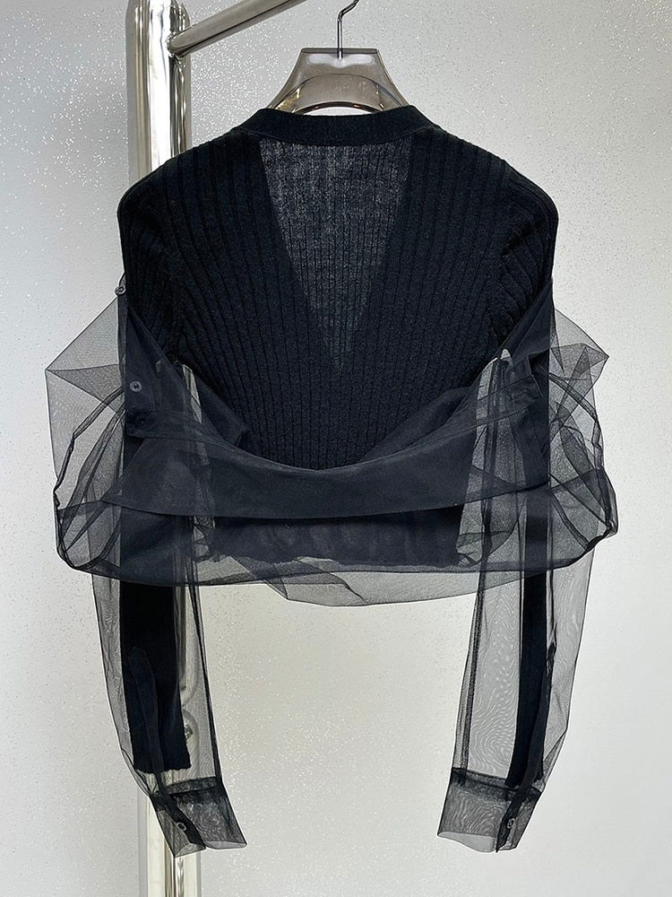 Patchwork Sheer Mesh Solid Knitting Single Breasted Cardigan Sweater