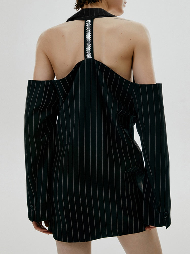 Off Shoulder Streetwear Lapel Striped Single Breasted Blazers