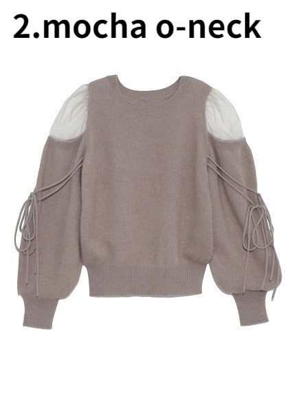 V-Sweet Gauze Patchwork Off Shoulder Bandage Knitted Sweater