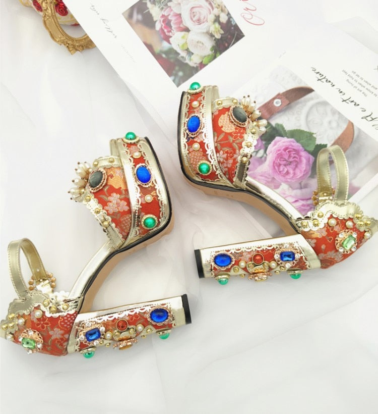Baroque Style Jacquard Cloth Blue Platform Crystal High Heels
