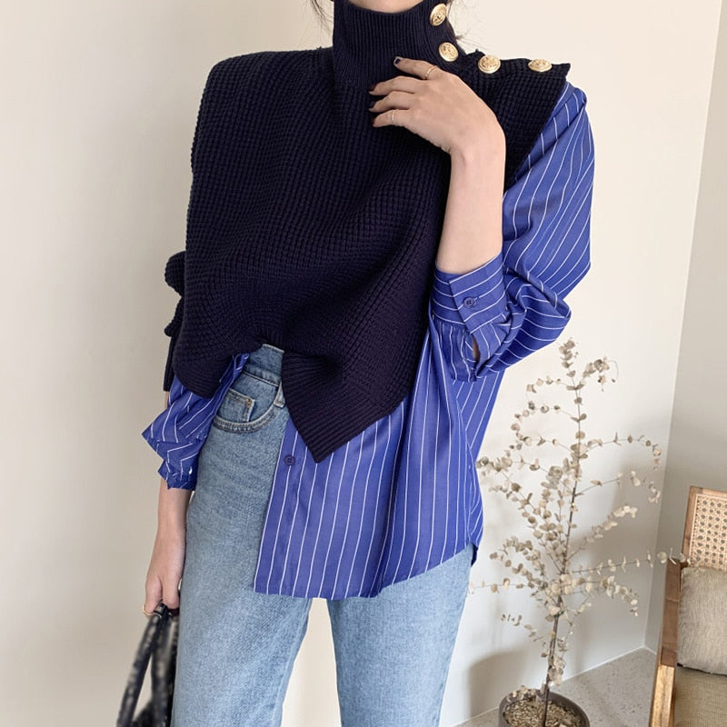 Patchwork Print Striped  Turtleneck Sweaters