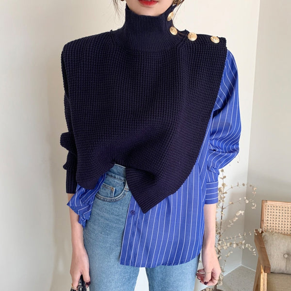 Patchwork Print Striped  Turtleneck Sweaters