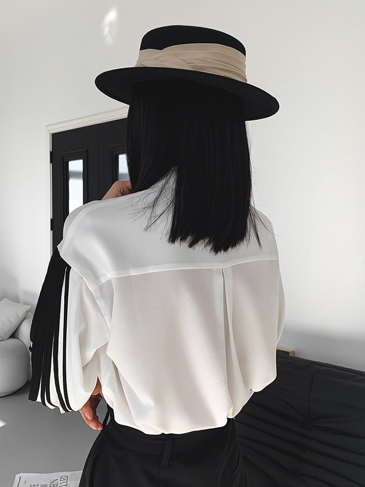 VIVIANNA Lapel Lantern Sleeve Straight Patchwork Shirt