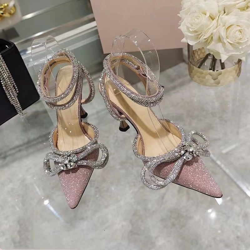 Glitter Crystal Ankle strap Rhinestones Bowknot heels