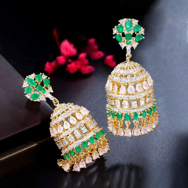 Cage Shape Gold Plated Multicolor CZ Bell Long Earring